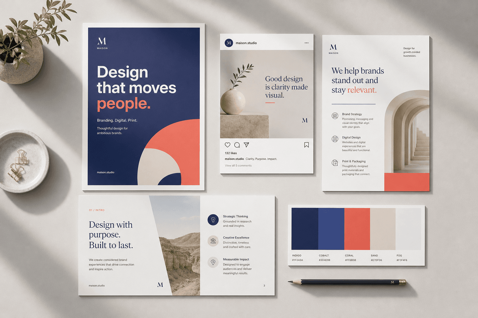 Printed posters, social posts and flyers made in qraft laid out on a desk
